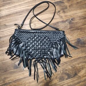 The Sak Filmore Leather 3 in 1 Black Clutch Shoulder Crossbody Woven With Fringe